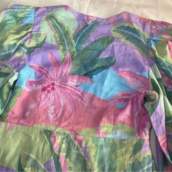 Farm Rio- BEACH VIBE LINEN BLEND CUTOUT DRESS In Blue Size Medium Palm Trees - Picture 7 of 11